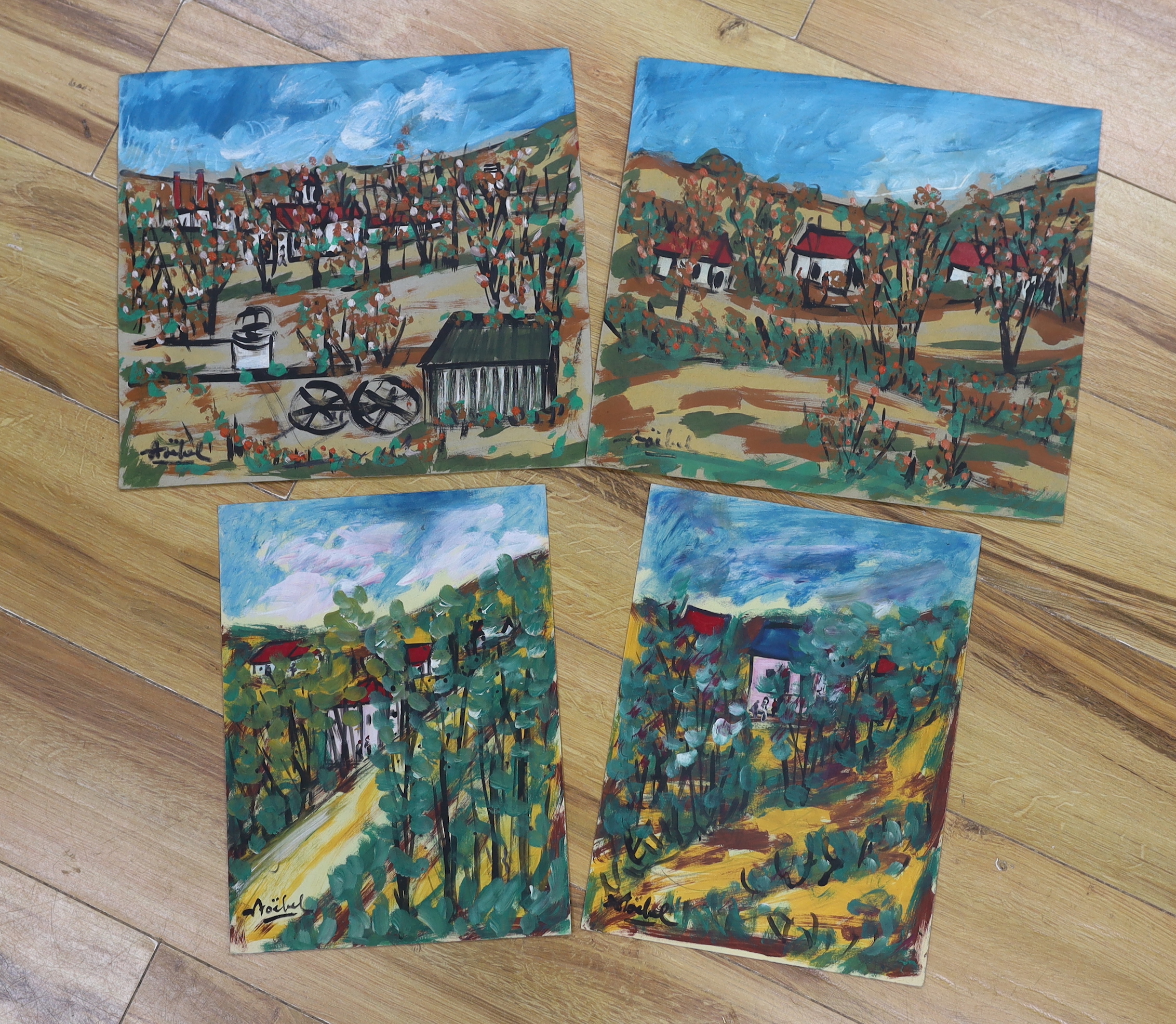 Edgar Stoebel (René Teboul Yechoua, French, 1909-2001), four oils on card, Mediterranean landscapes, each signed, unframed, largest 32 x 35cm